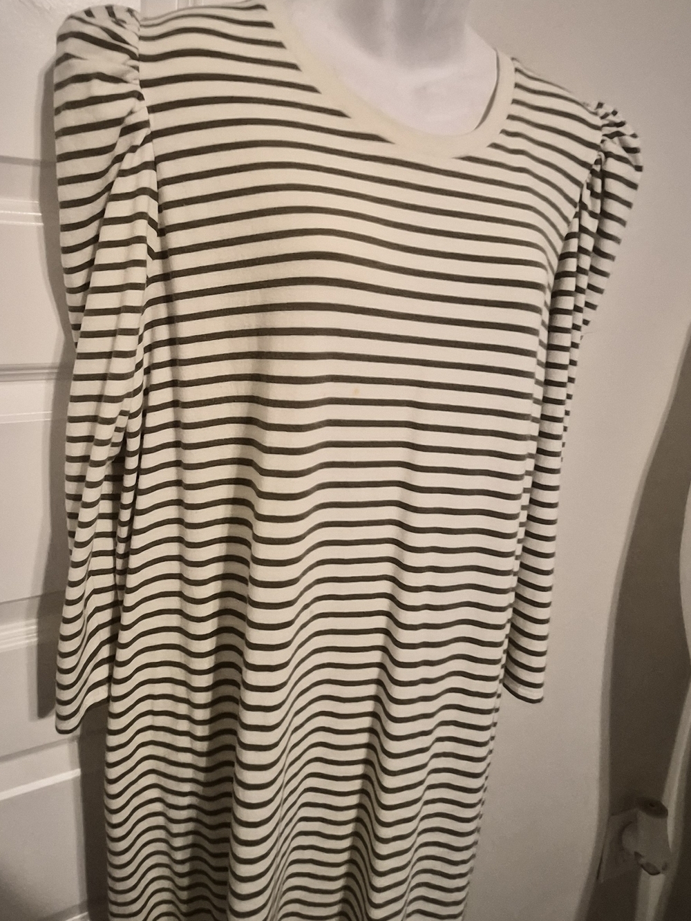 Pomander Place Women's XXL Striped Puff Sleeve Maxi Dress Olive Green & Ivory